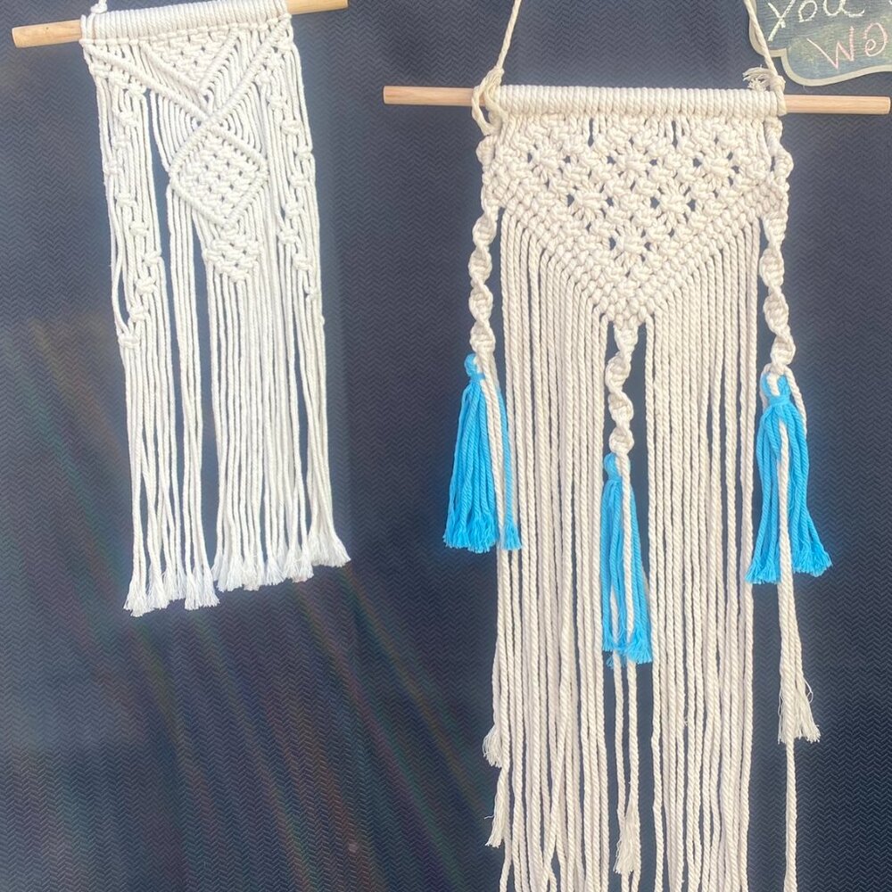 Handmade Macrame Boho Wall Hangings Cream Blue Set of 2
